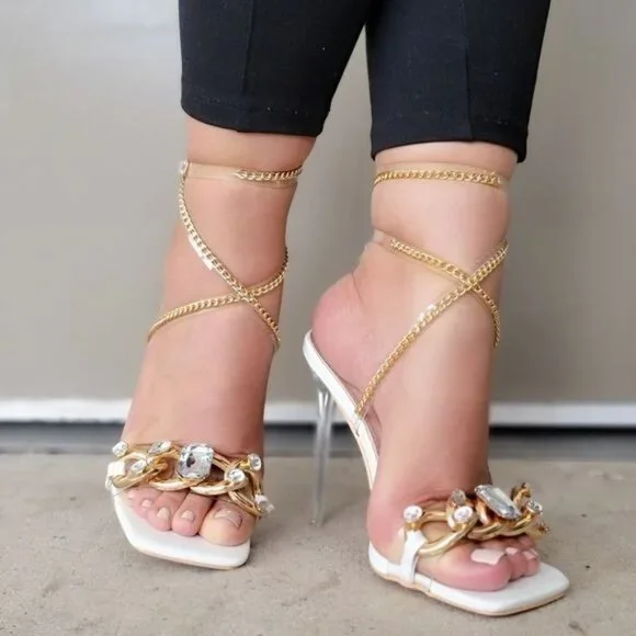 Womens White Strappy Rhinestones Chain Sandals - Picture 1 of 5